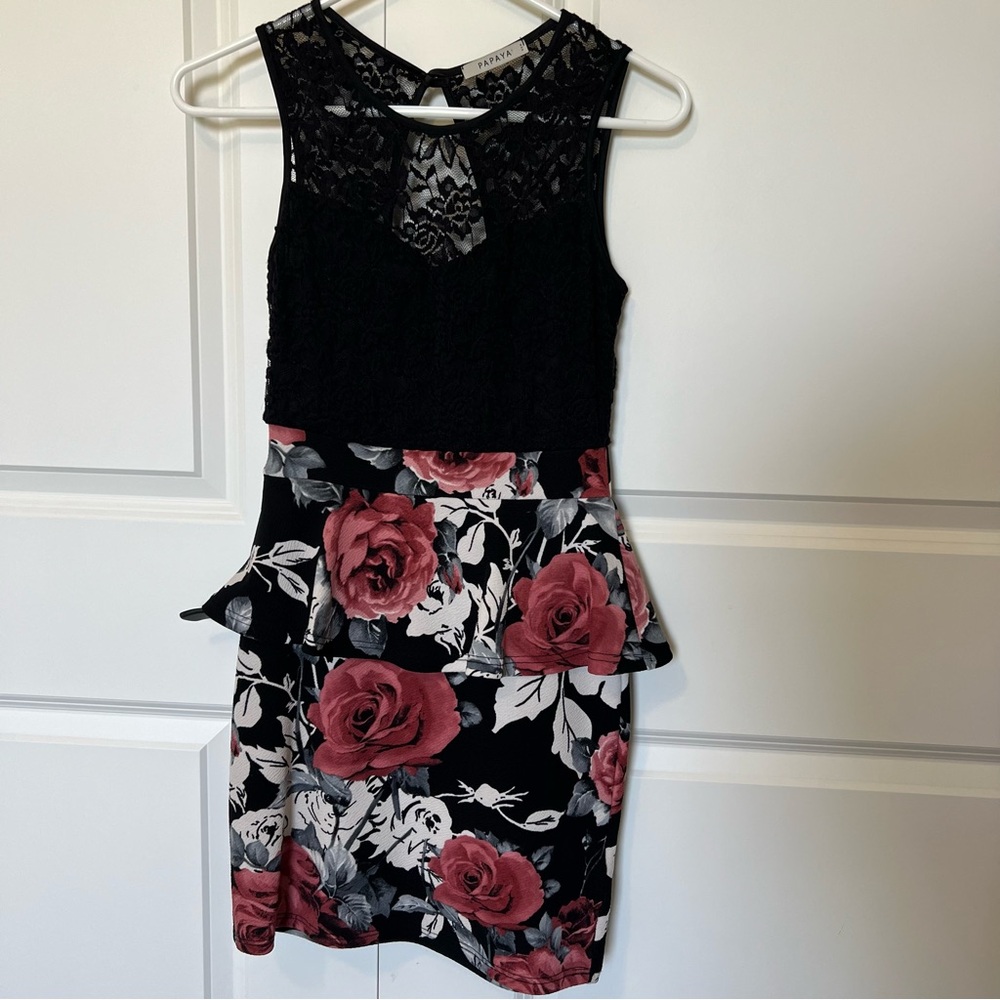 Vintage Y2K Going Out Dress, Clubbing Dress w/Peplum Bodycon, Lace, Floral